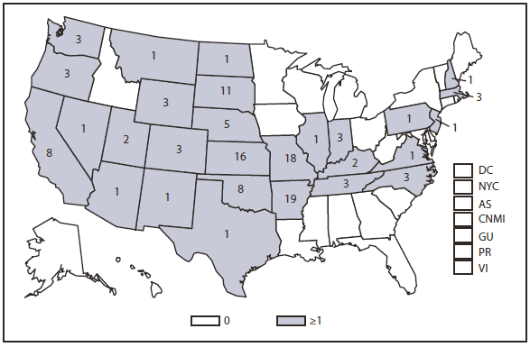 TULAREMIA - This figure is a map of the United States and U.S. territories that presents the number of tularemia cases in each state and territory in 2010.
